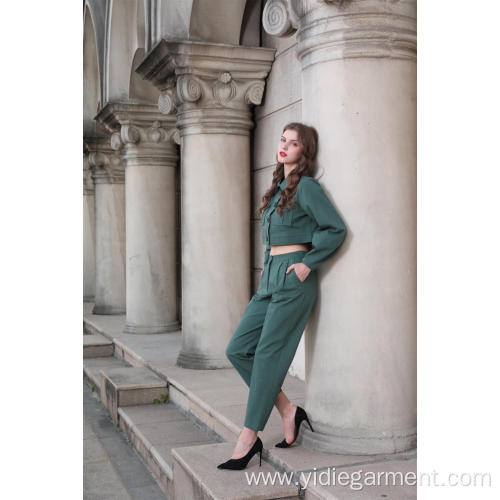 Ladies' Two Piece Sets Women's Green Army Jacket and Trousers Supplier